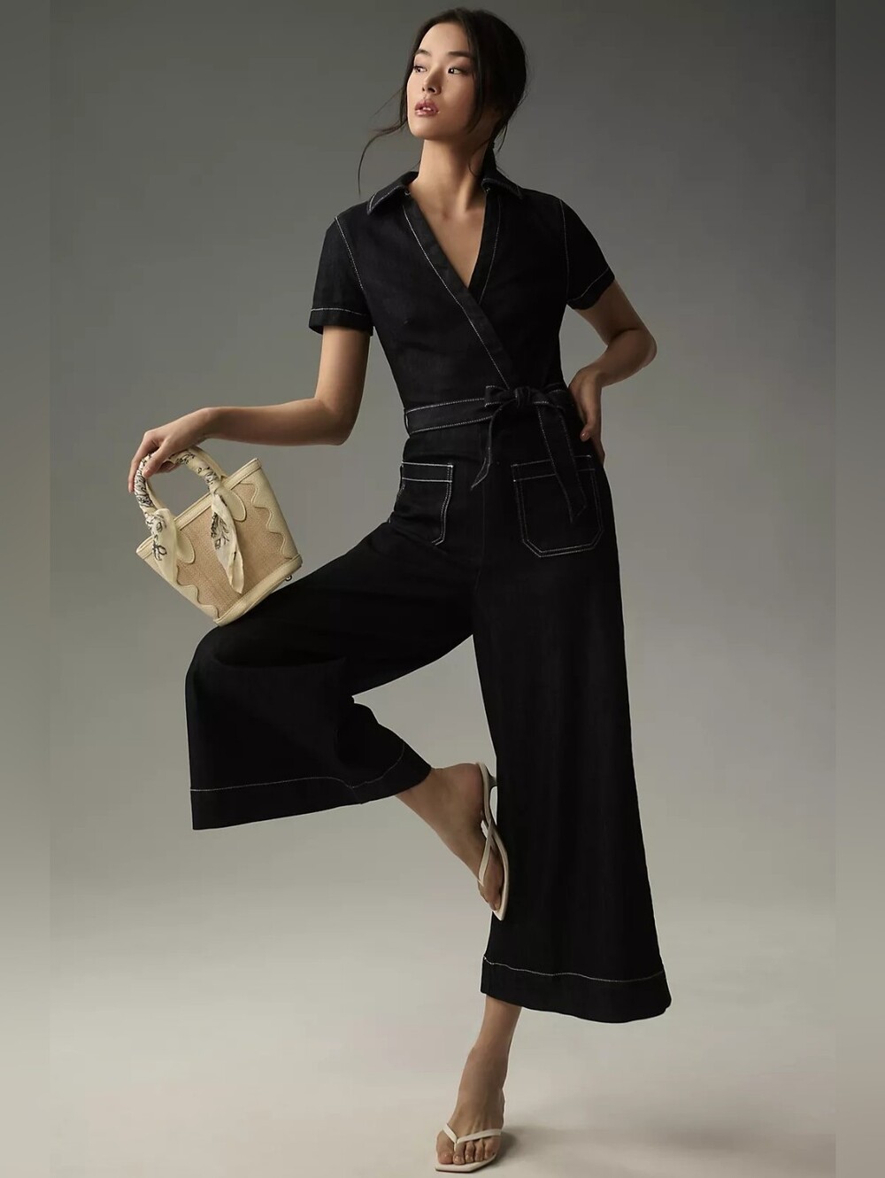 NEW ANTHROPOLOGIE MAEVE Colette Denim Wrap Jumpsuit Dark Blue Denim Wide-Leg 4
